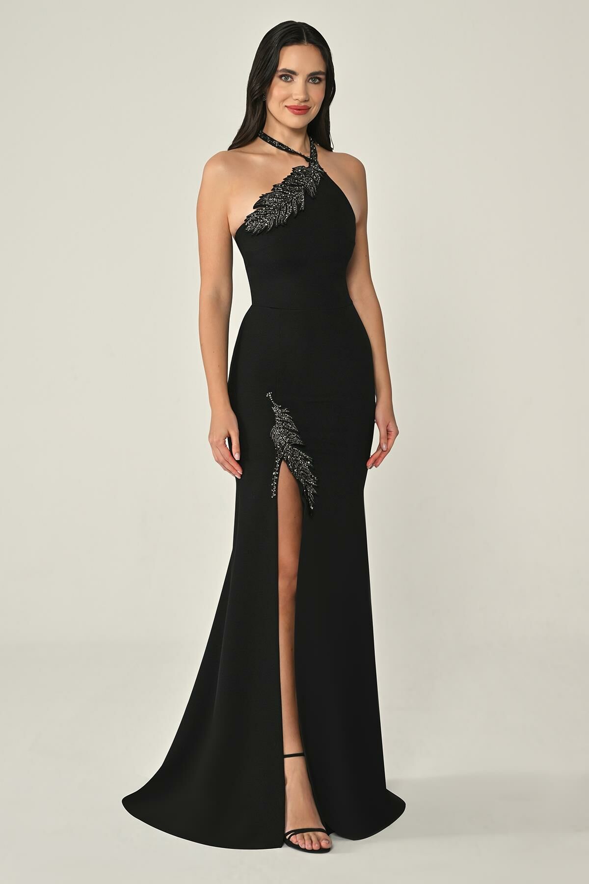 Halter Neck Leaf Embroidered Crepe Long Dress - Aurora Fashion