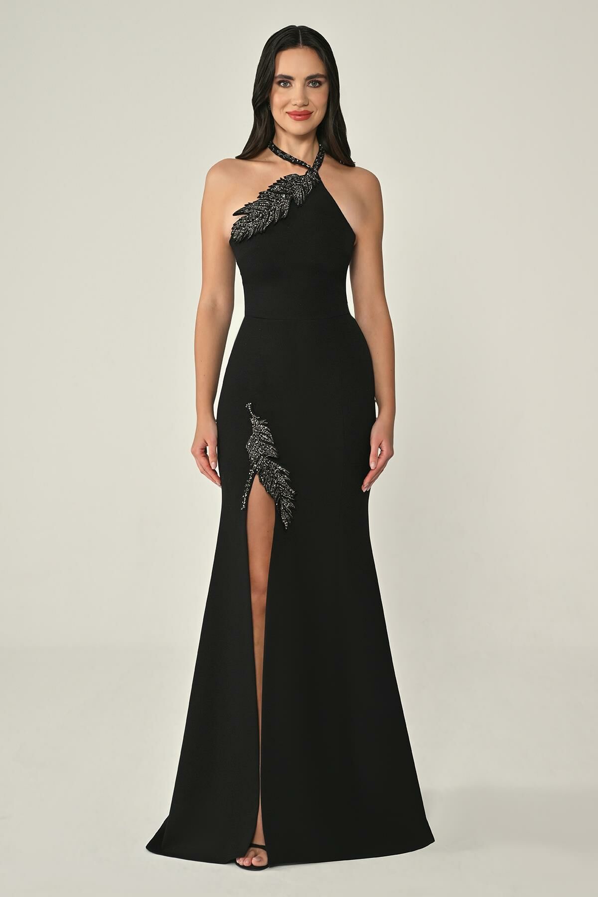 Halter Neck Leaf Embroidered Crepe Long Dress - Aurora Fashion