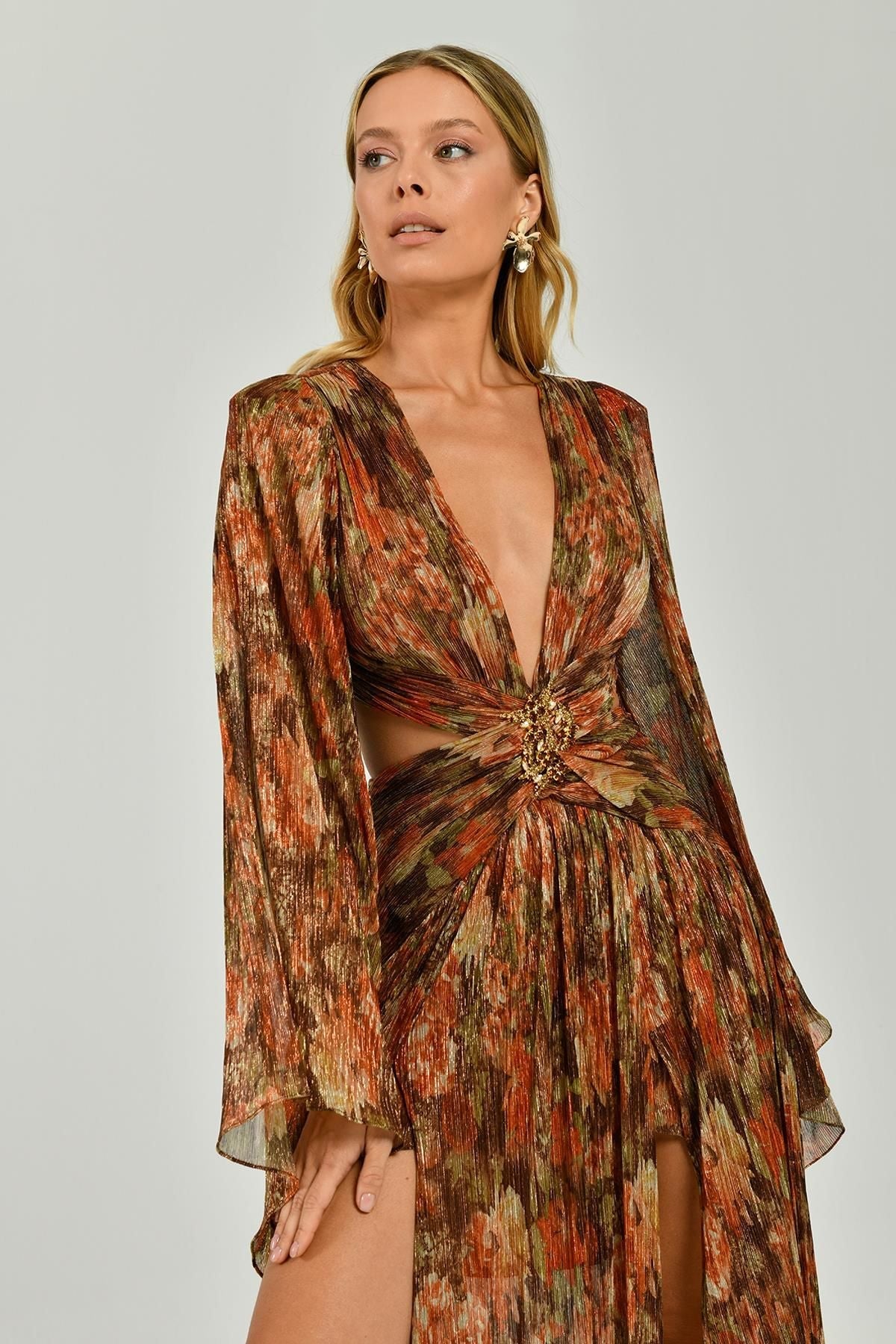 Long Sleeve Deep V - Neck Chiffon Long Dress with Brooch - Aurora Fashion