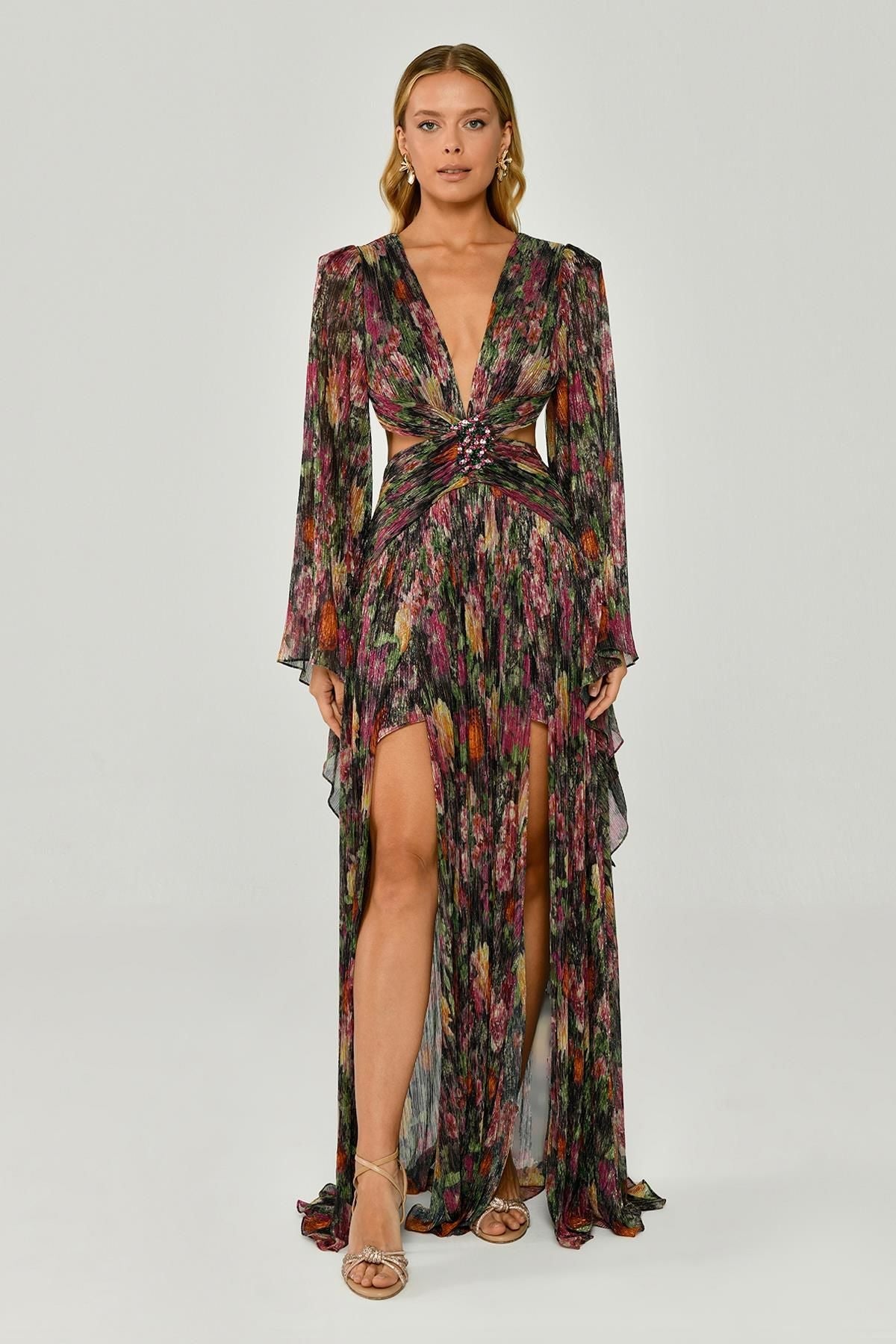 Long Sleeve Deep V - Neck Chiffon Long Dress with Brooch - Aurora Fashion