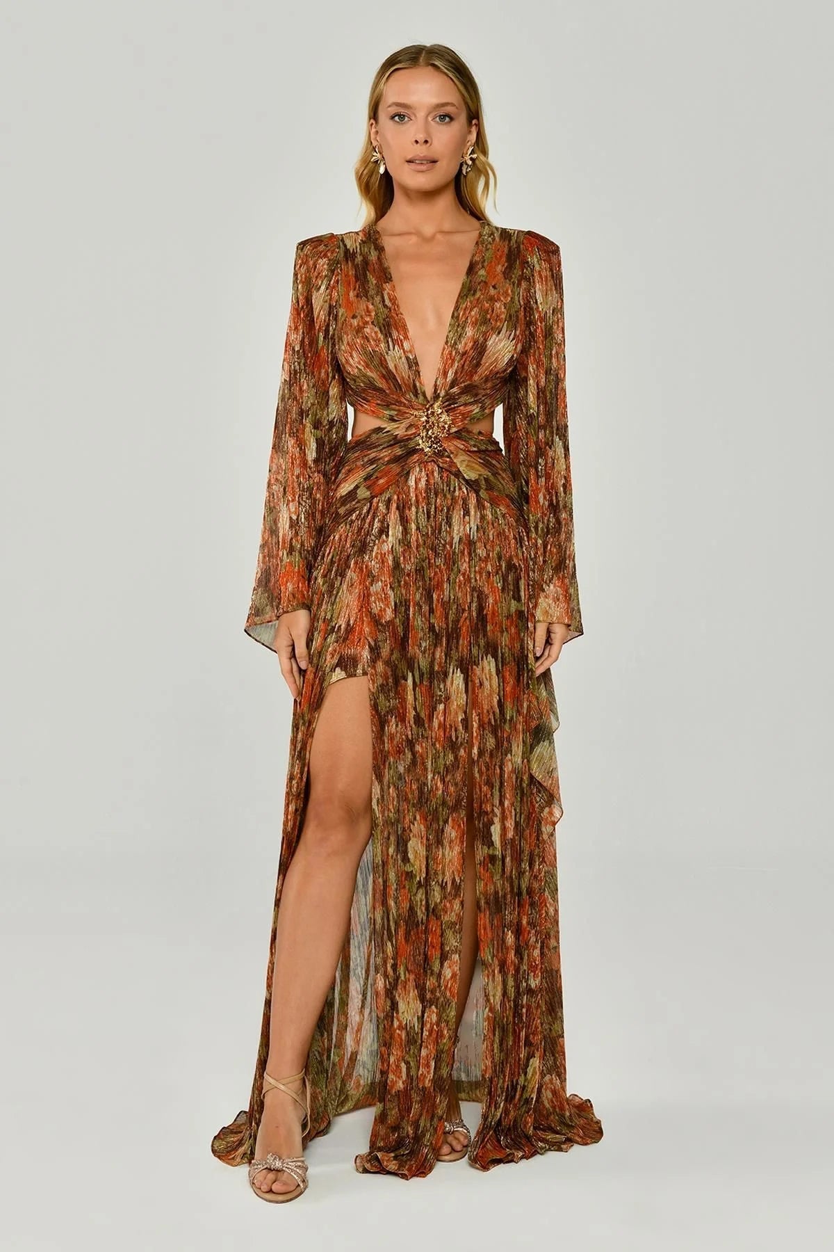Long Sleeve Deep V - Neck Chiffon Long Dress with Brooch - Aurora Fashion