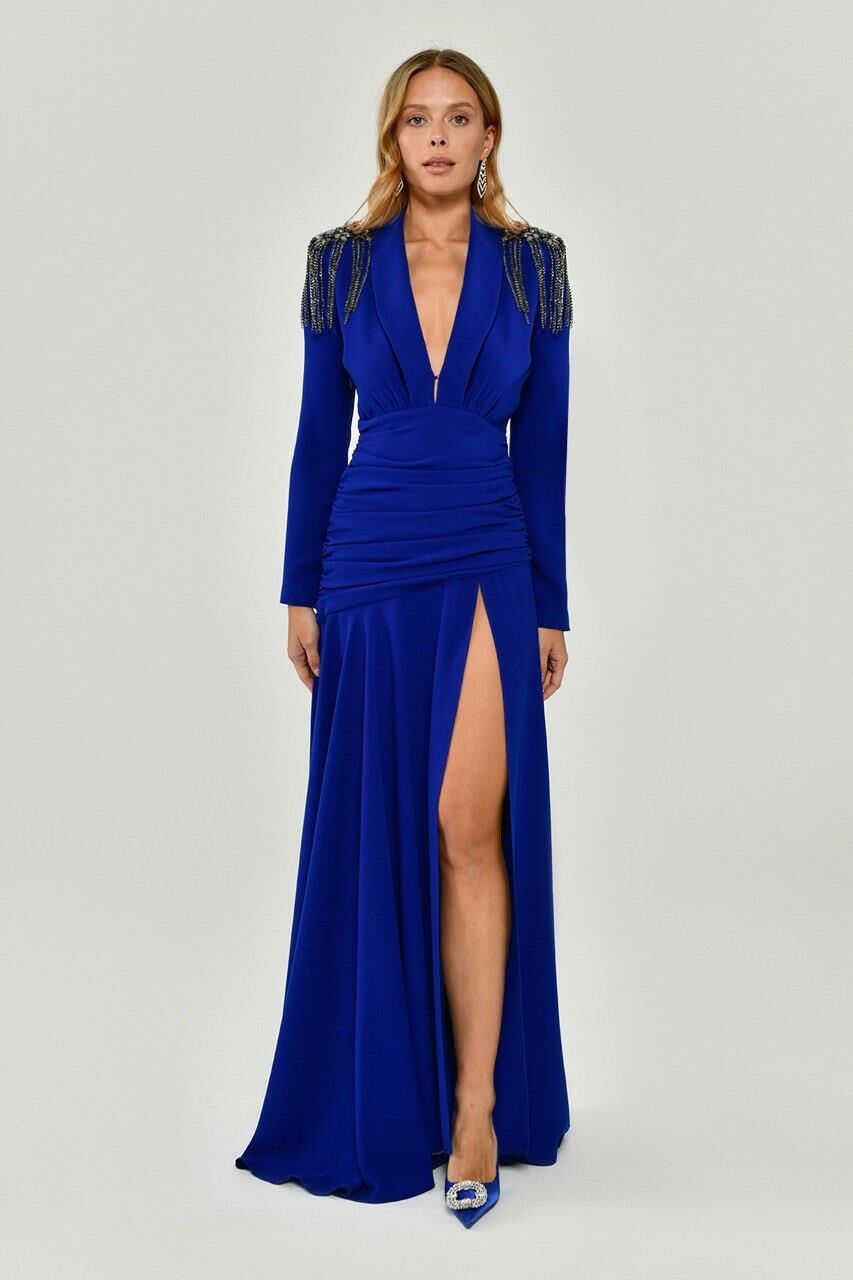 Long Sleeve Deep V - Neck Crepe Long Dress with Epaulette Accessories - Aurora Fashion