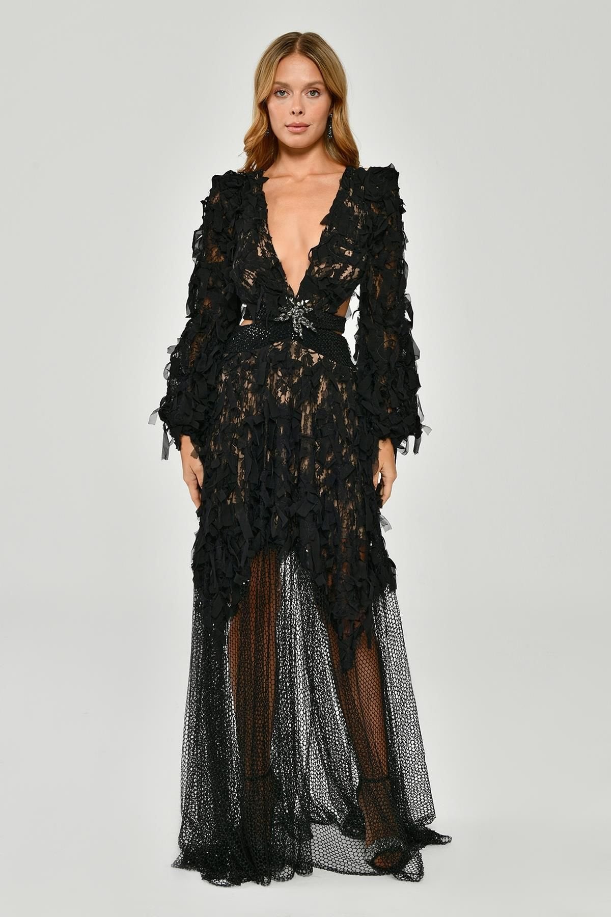 LONG SLEEVE DEEP V-NECK LONG DRESS LONG SLEEVE DEEP V-NECK LONG DRESS