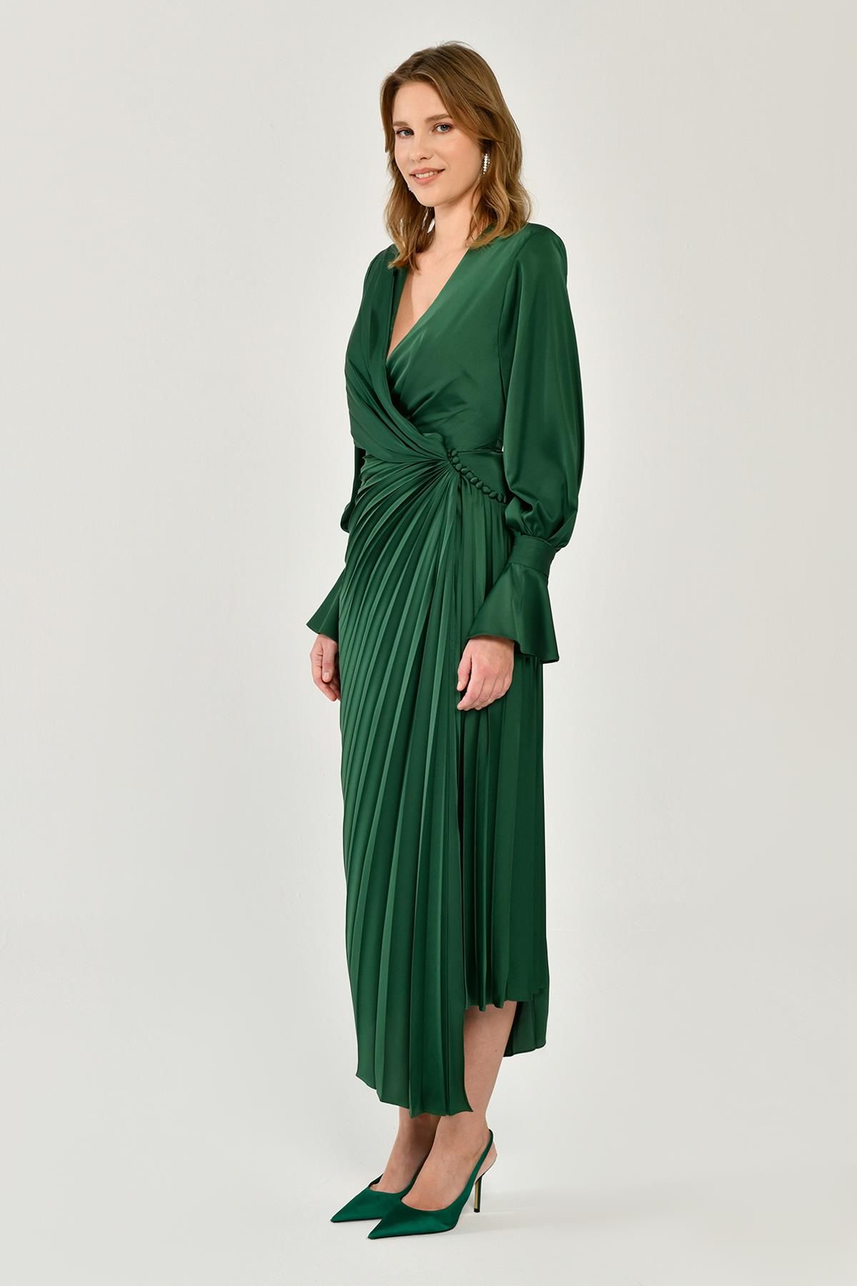 Long Sleeve V - Neck Pleated Satin Midi Dress - Aurora Fashion