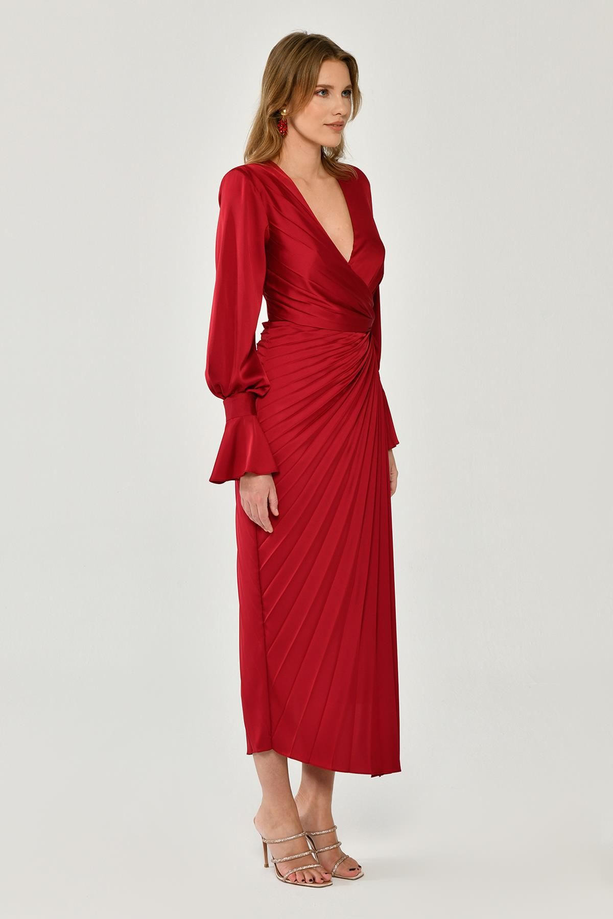 Long Sleeve V - Neck Pleated Satin Midi Dress - Aurora Fashion
