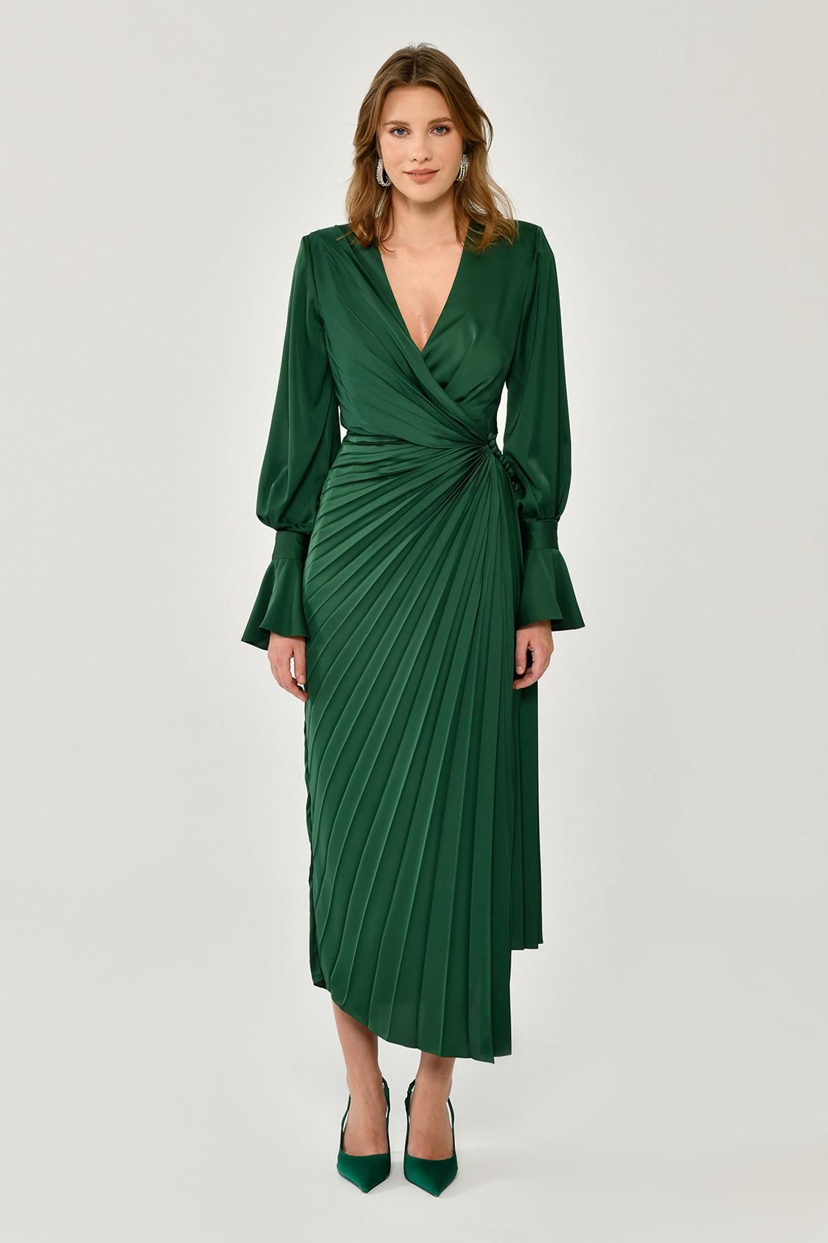 Long Sleeve V Neck Pleated Satin Midi Dress