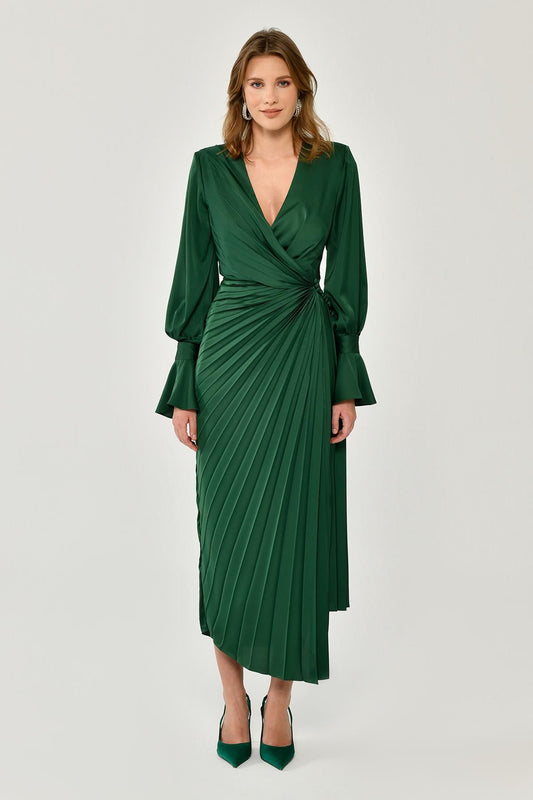Long Sleeve V - Neck Pleated Satin Midi Dress - Aurora Fashion