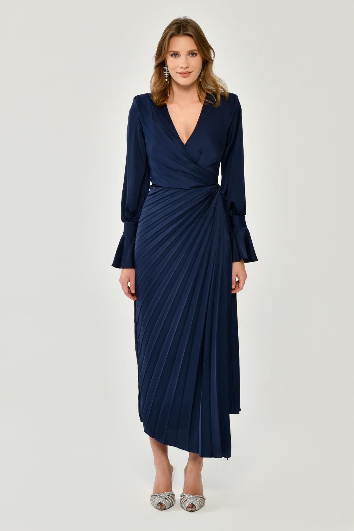 Long Sleeve V - Neck Pleated Satin Midi Dress - Aurora Fashion