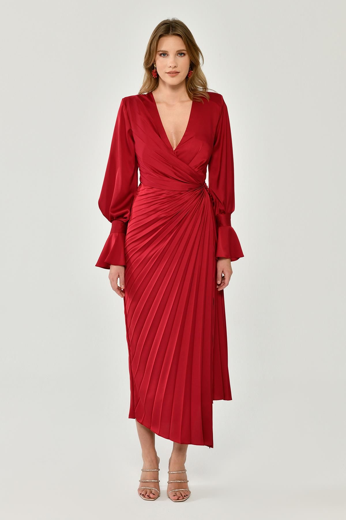 Long Sleeve V - Neck Pleated Satin Midi Dress - Aurora Fashion