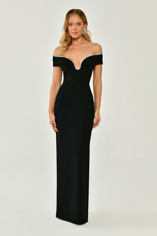 Off Shoulder Crepe Long Dress with Stone Ribbon Accessories - Aurora Fashion