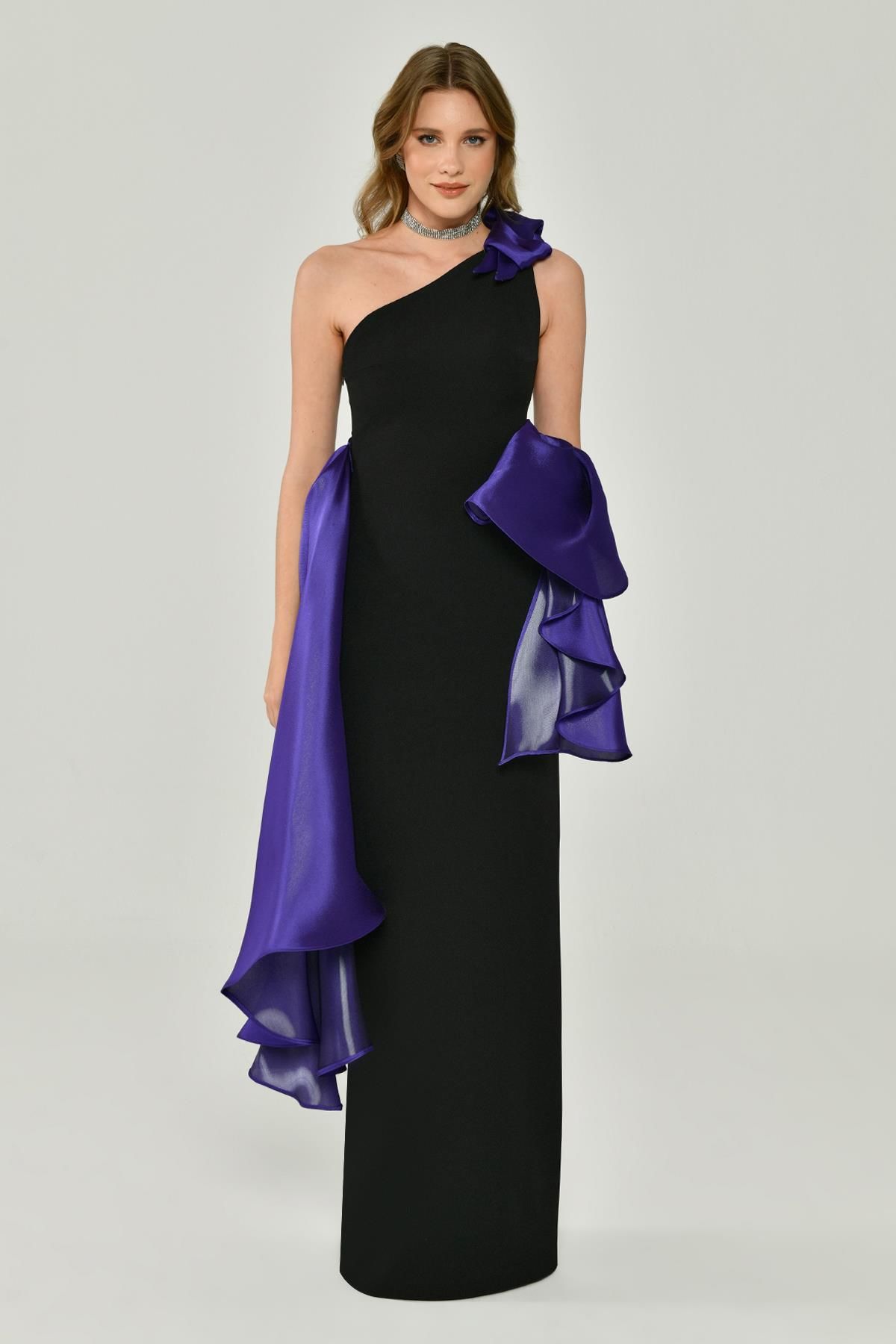 One Shoulder Flounce Long Dress with Shiny Fabric Accessories BLACK / PURPLE One Shoulder Flounce Long Dress with Shiny Fabric Accessories BLACK / PURPLE