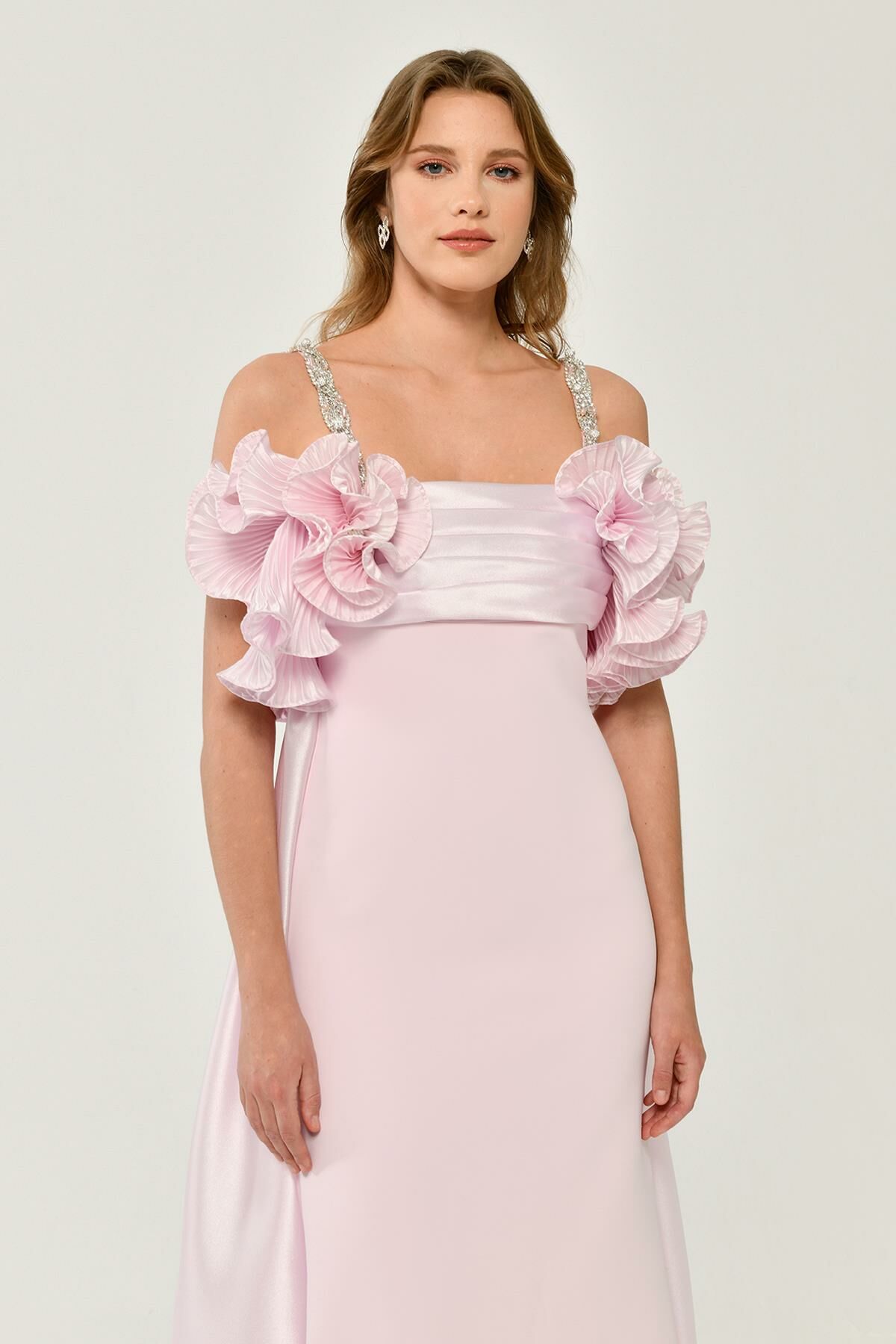 Shiny Fabric Crepe Long Dress with Stoned Straps and Pleats on the Chest - Aurora Fashion
