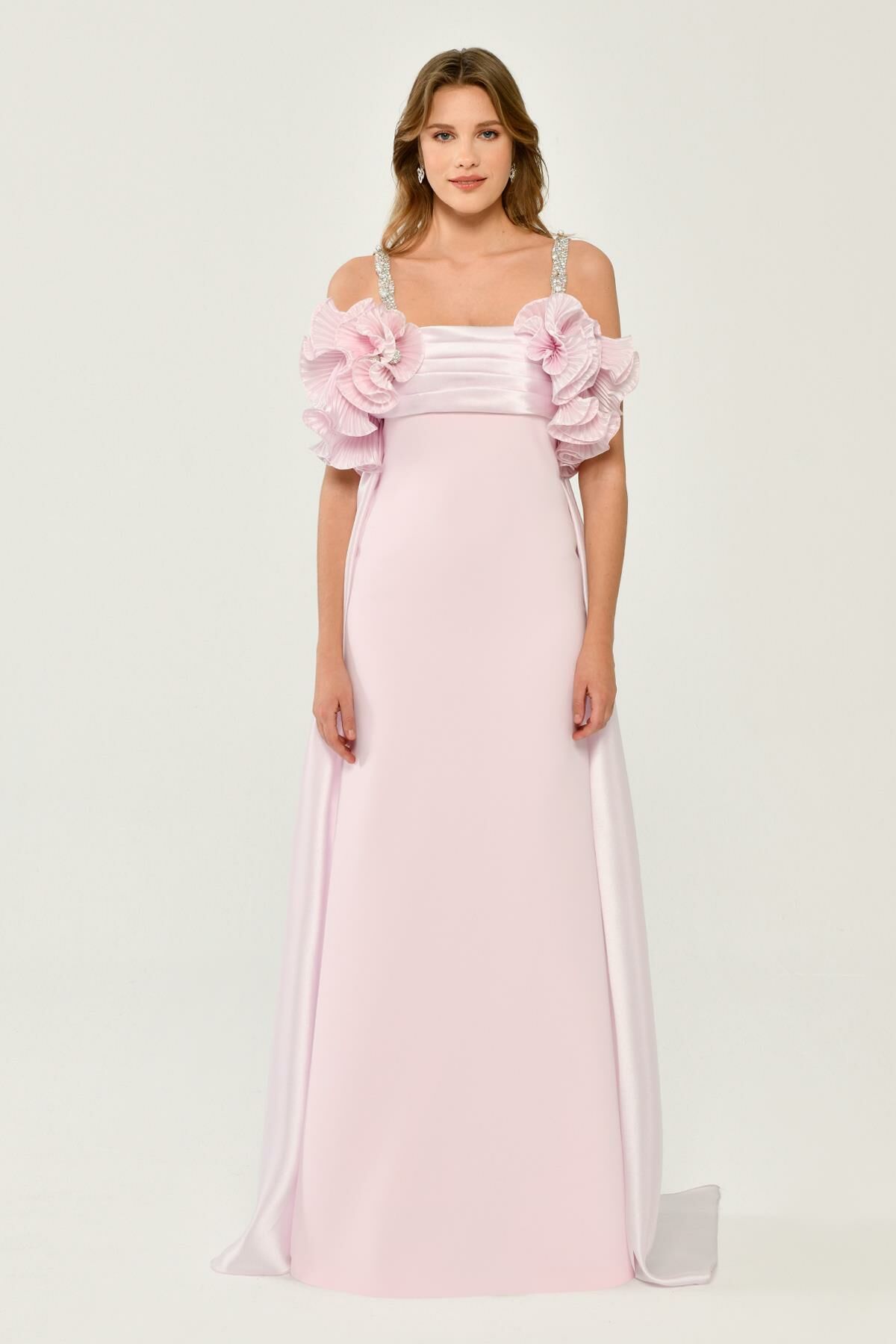 Shiny Fabric Crepe Long Dress with Stoned Straps and Pleats on the Chest - Aurora Fashion