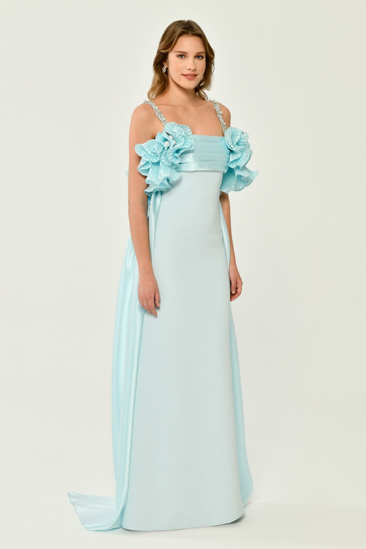 Shiny Fabric Crepe Long Dress with Stoned Straps and Pleats on the Chest - Aurora Fashion
