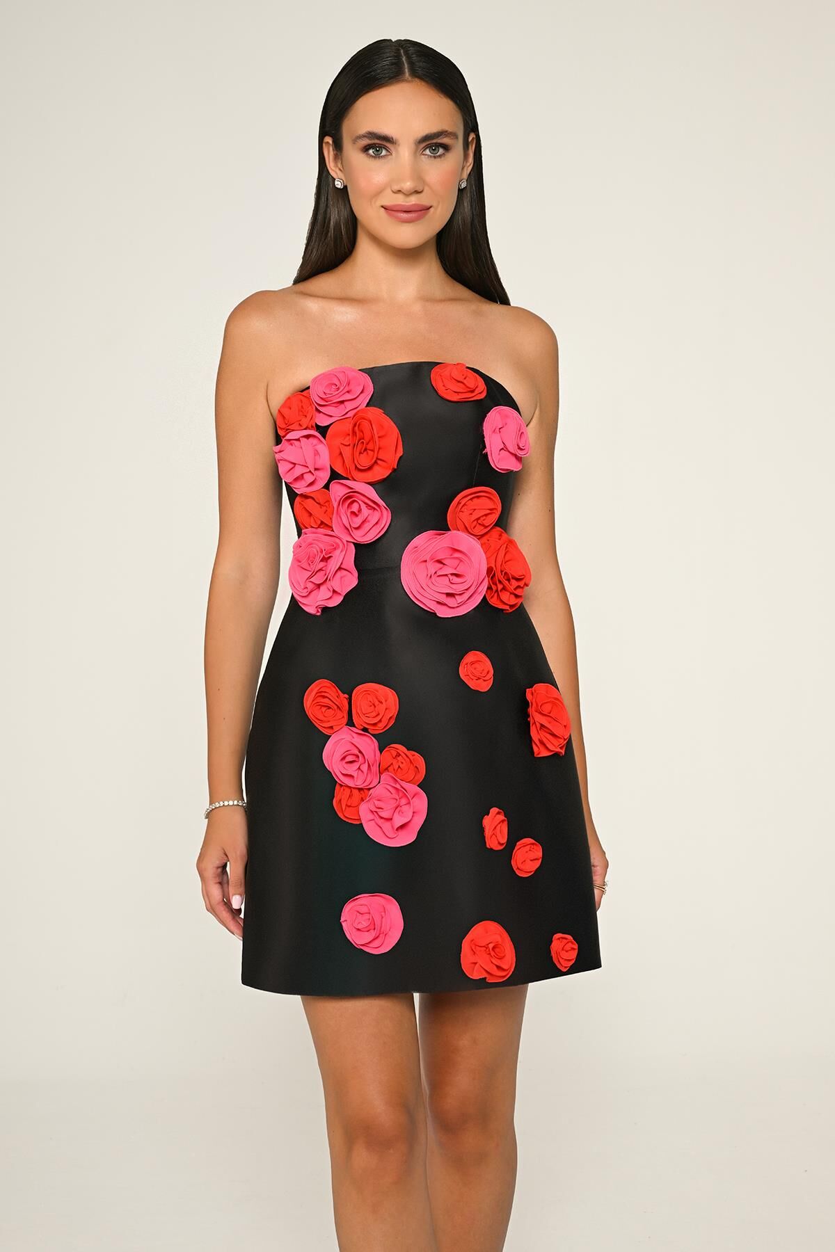 Strapless Satin Short Dress with Floral Accessories - Aurora Fashion