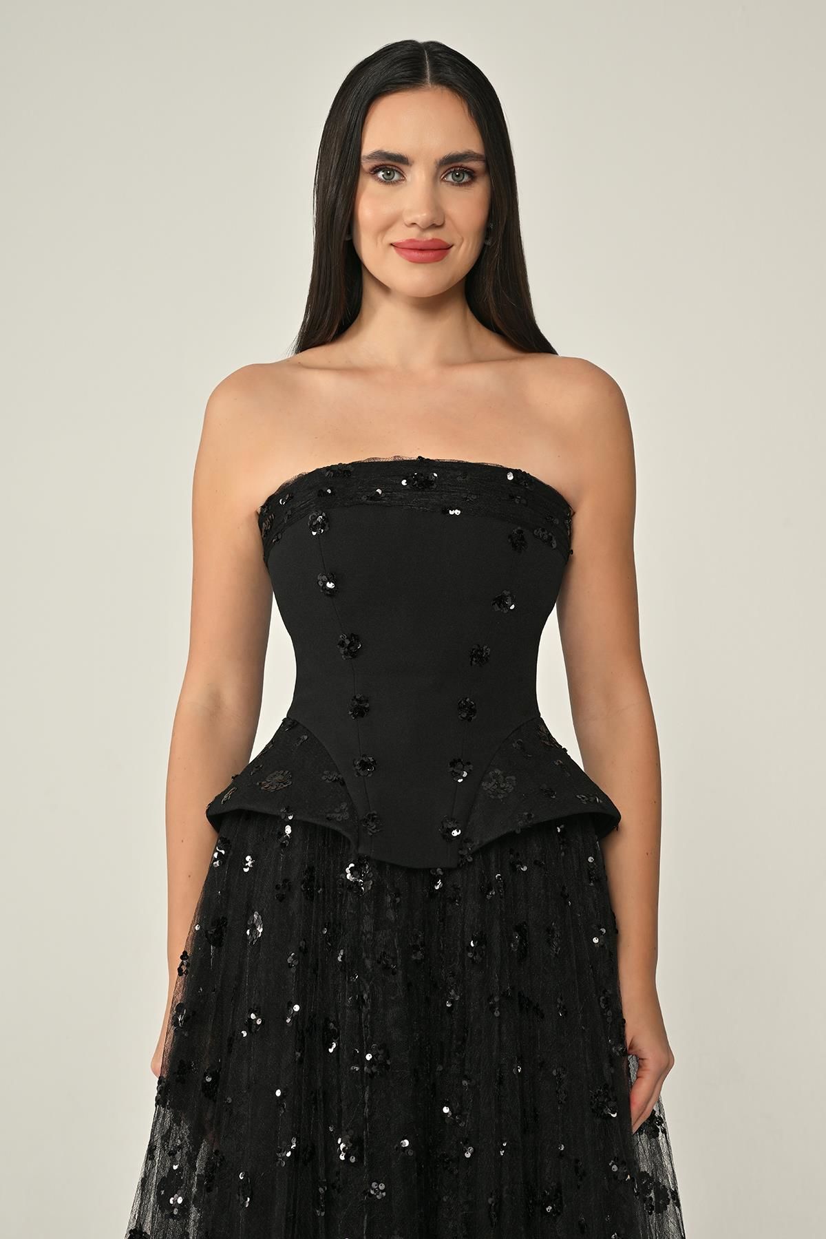 Strapless Sequined Tulle Long Dress - Aurora Fashion