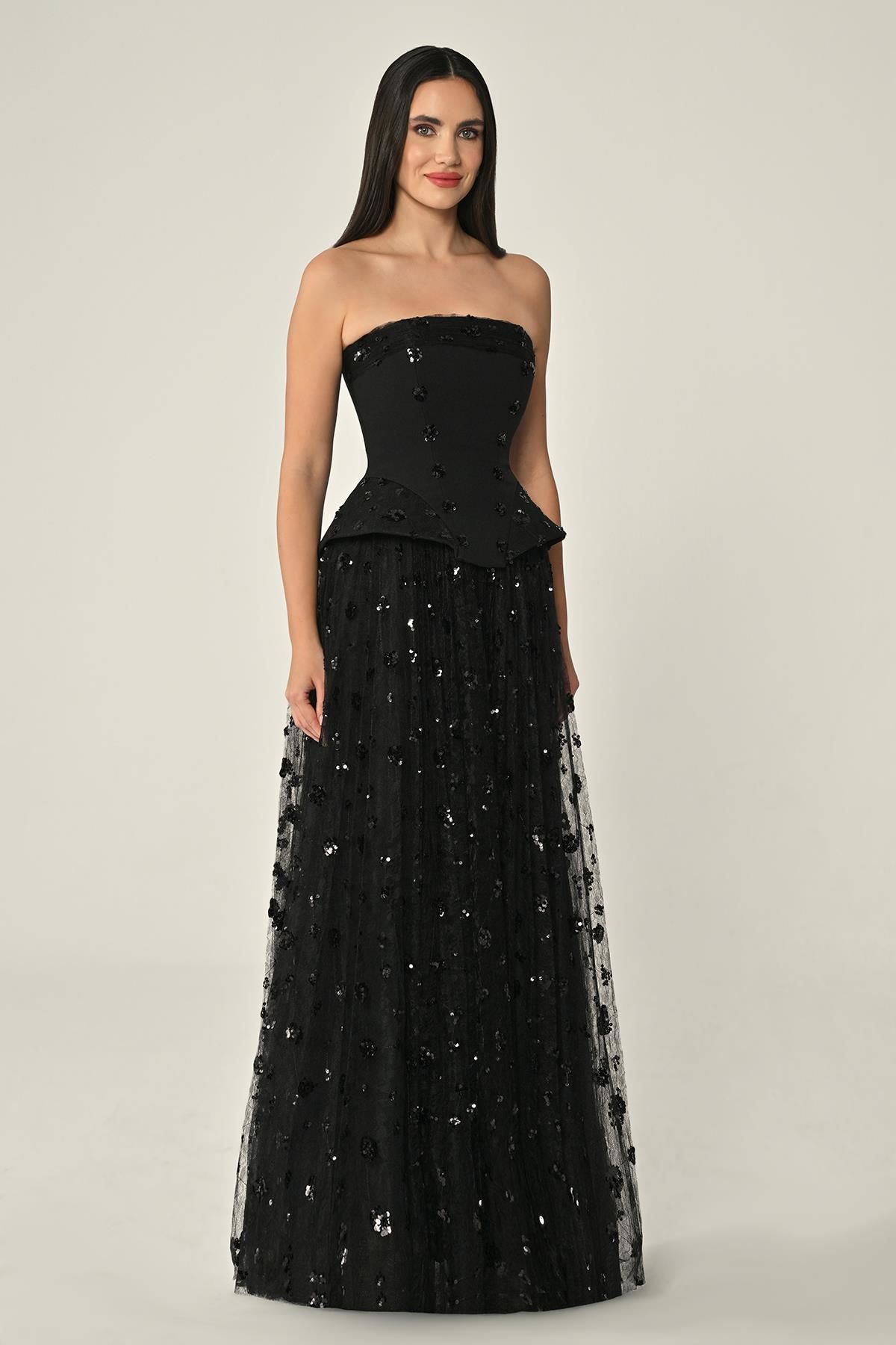 Strapless Sequined Tulle Long Dress - Aurora Fashion