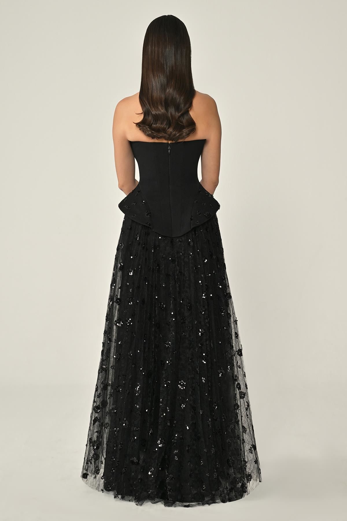Strapless Sequined Tulle Long Dress - Aurora Fashion