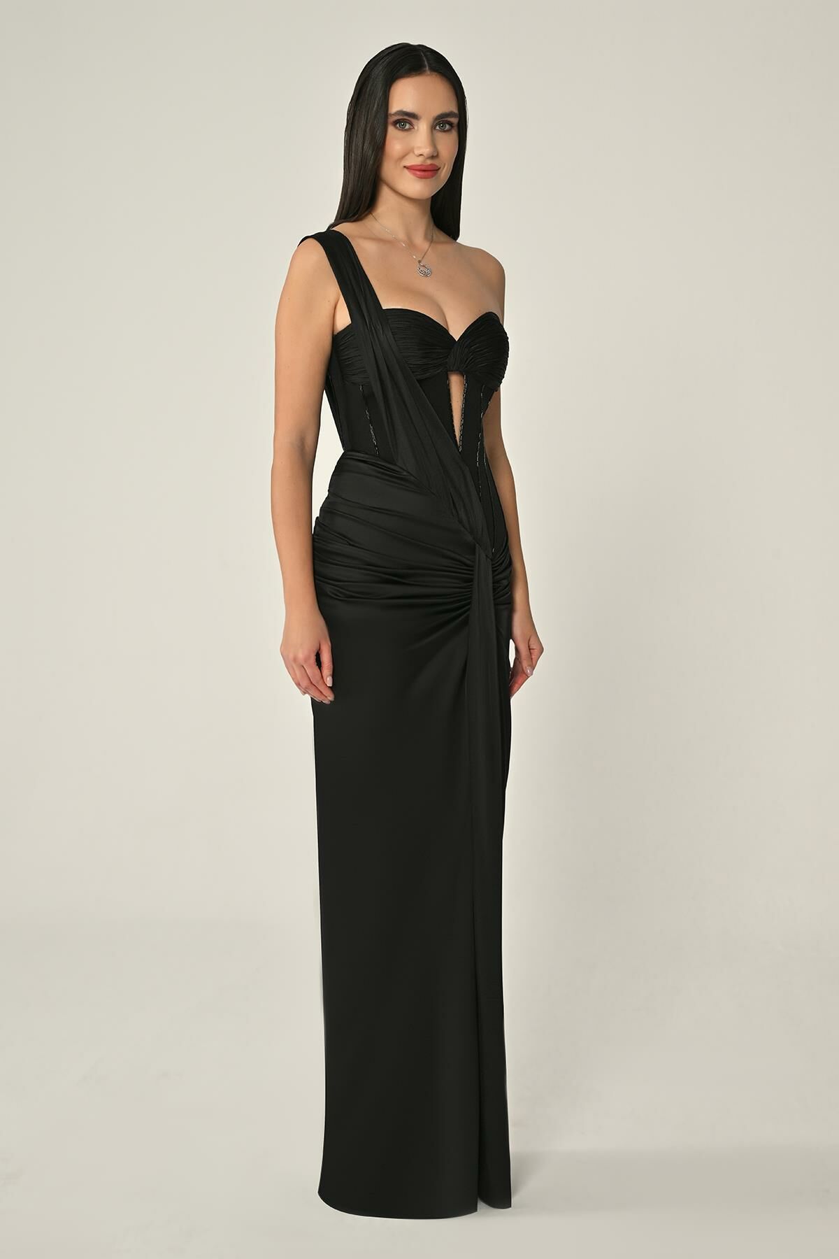 Sweetheart Neck Draped Satin Long Dress - Aurora Fashion