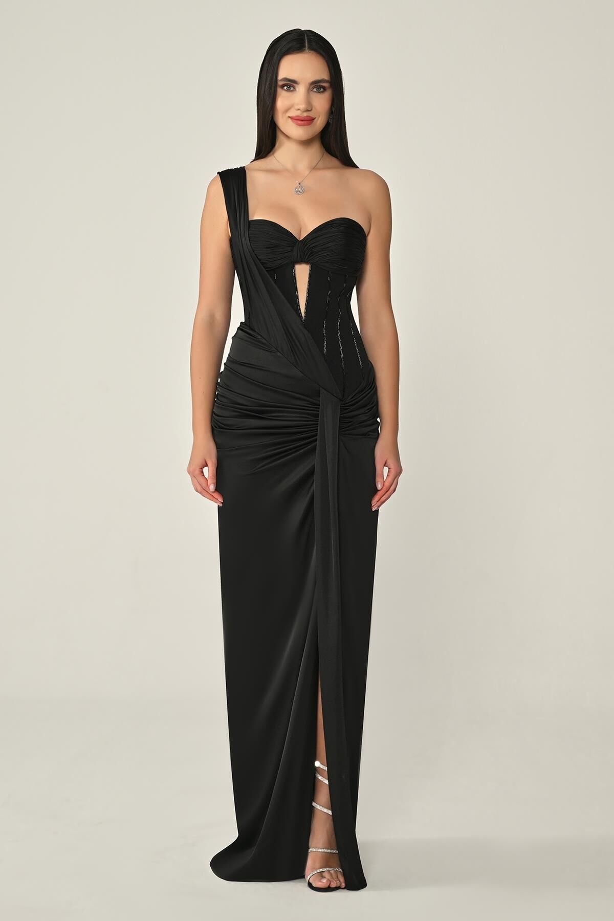 Sweetheart Neck Draped Satin Long Dress - Aurora Fashion
