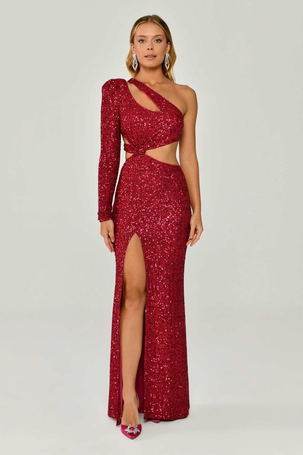 One Sleeve Front Slit Sequin Fabric Long Dress