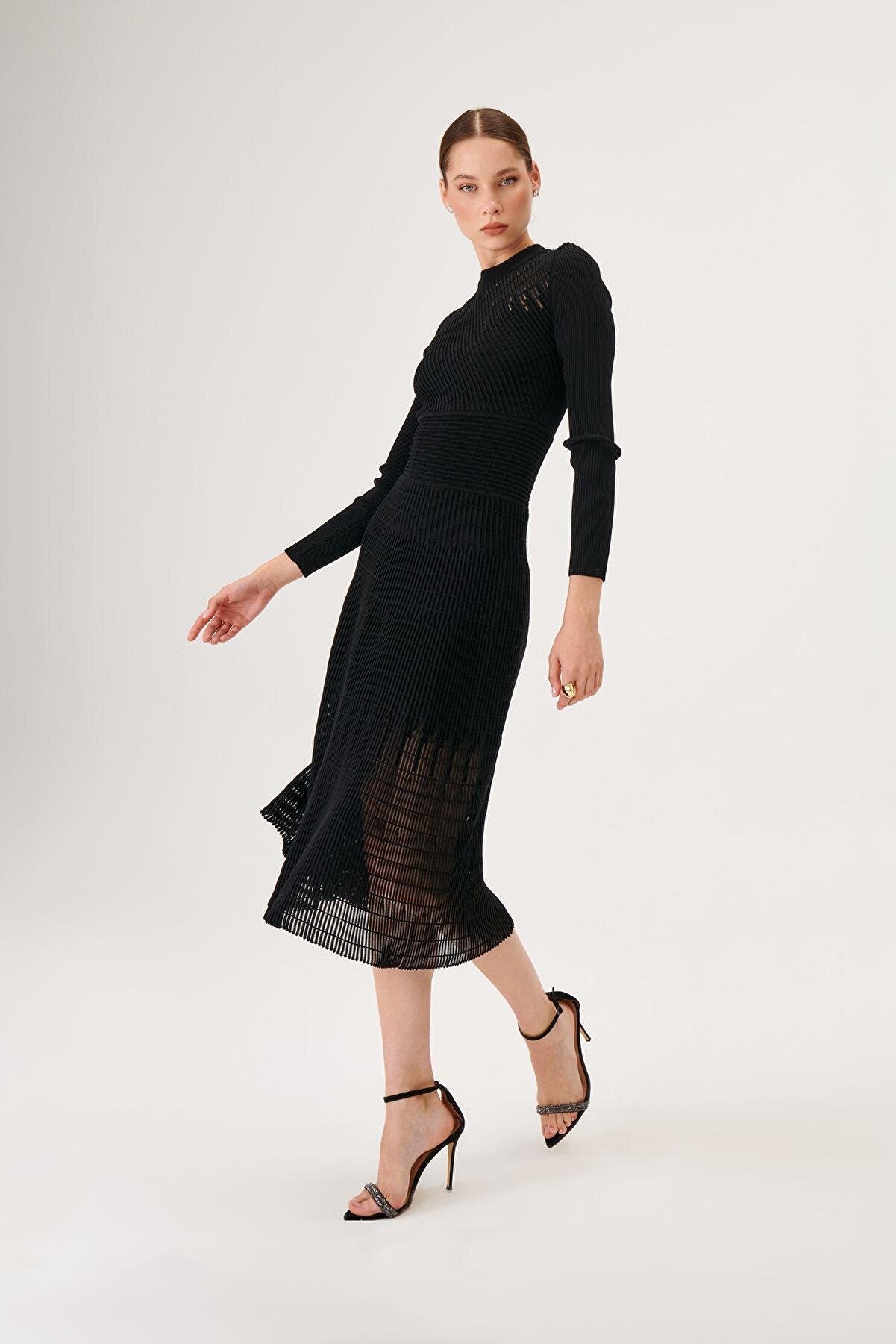 Transparent Detailed Ottoman Knitted Black Knitwear Dress - Aurora Fashion