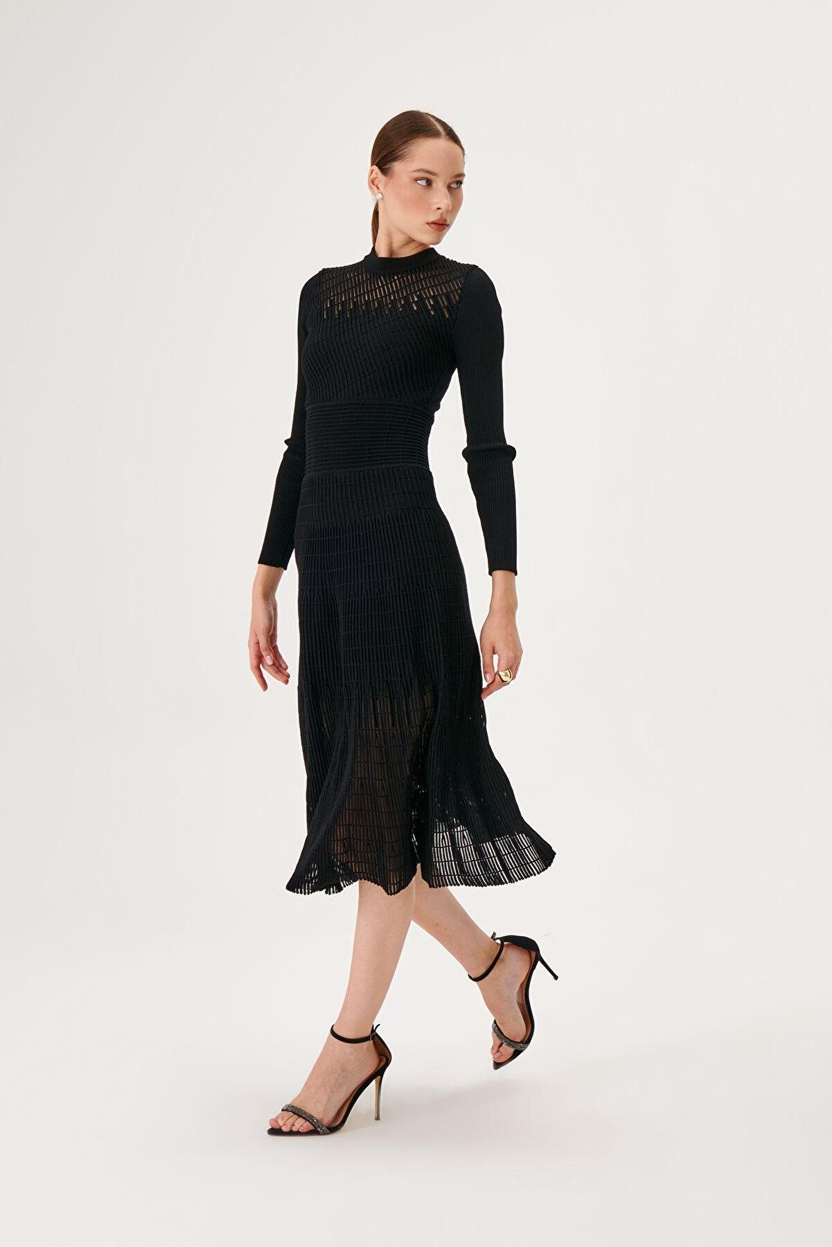 Transparent Detailed Ottoman Knitted Black Knitwear Dress - Aurora Fashion