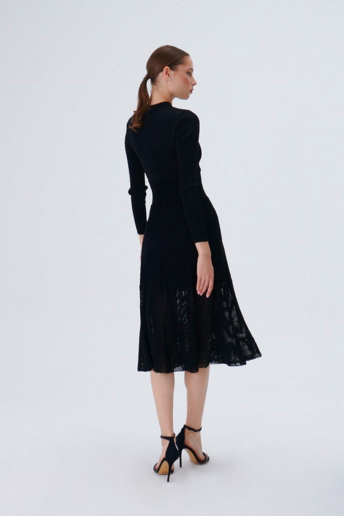 Transparent Detailed Ottoman Knitted Black Knitwear Dress - Aurora Fashion