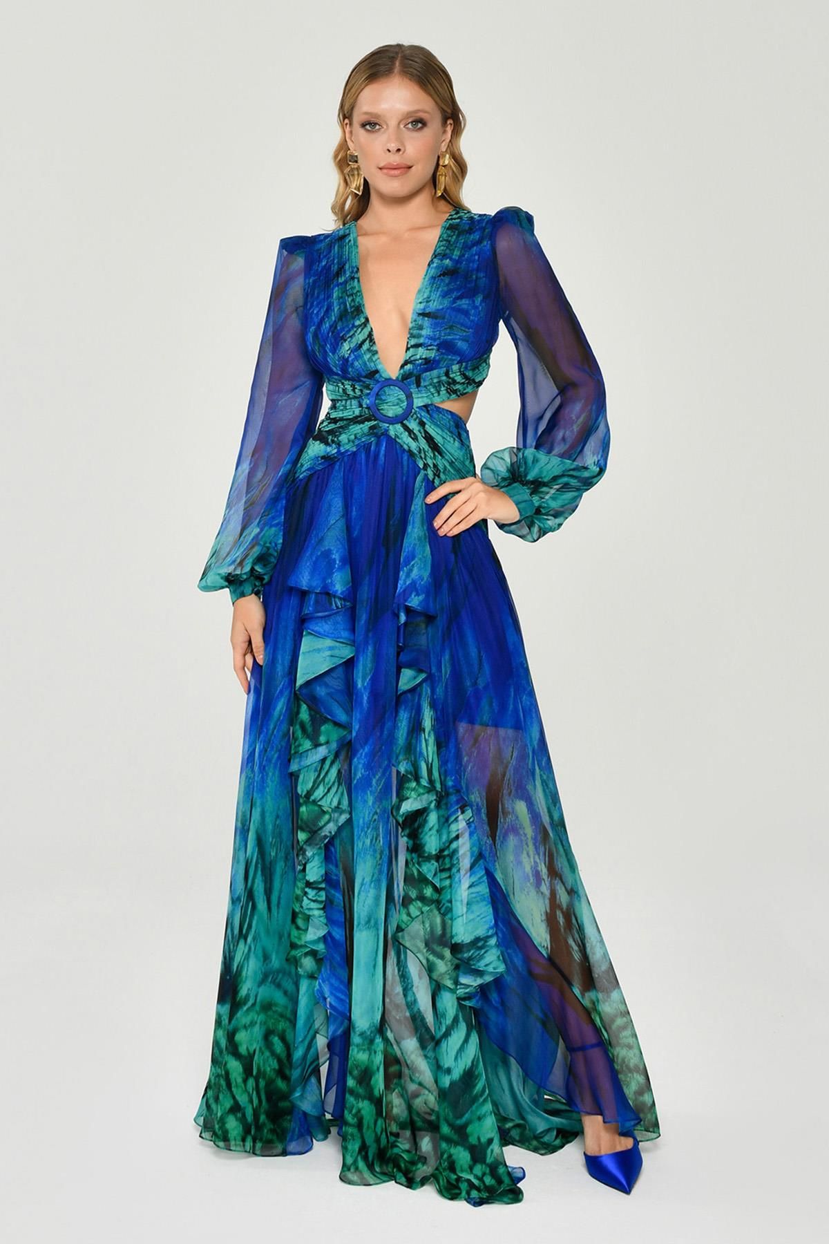 V-Neck Front Buckle Long Dress with Double Slits Aurora Fashion V-Neck Front Buckle Long Dress with Double Slits Aurora Fashion