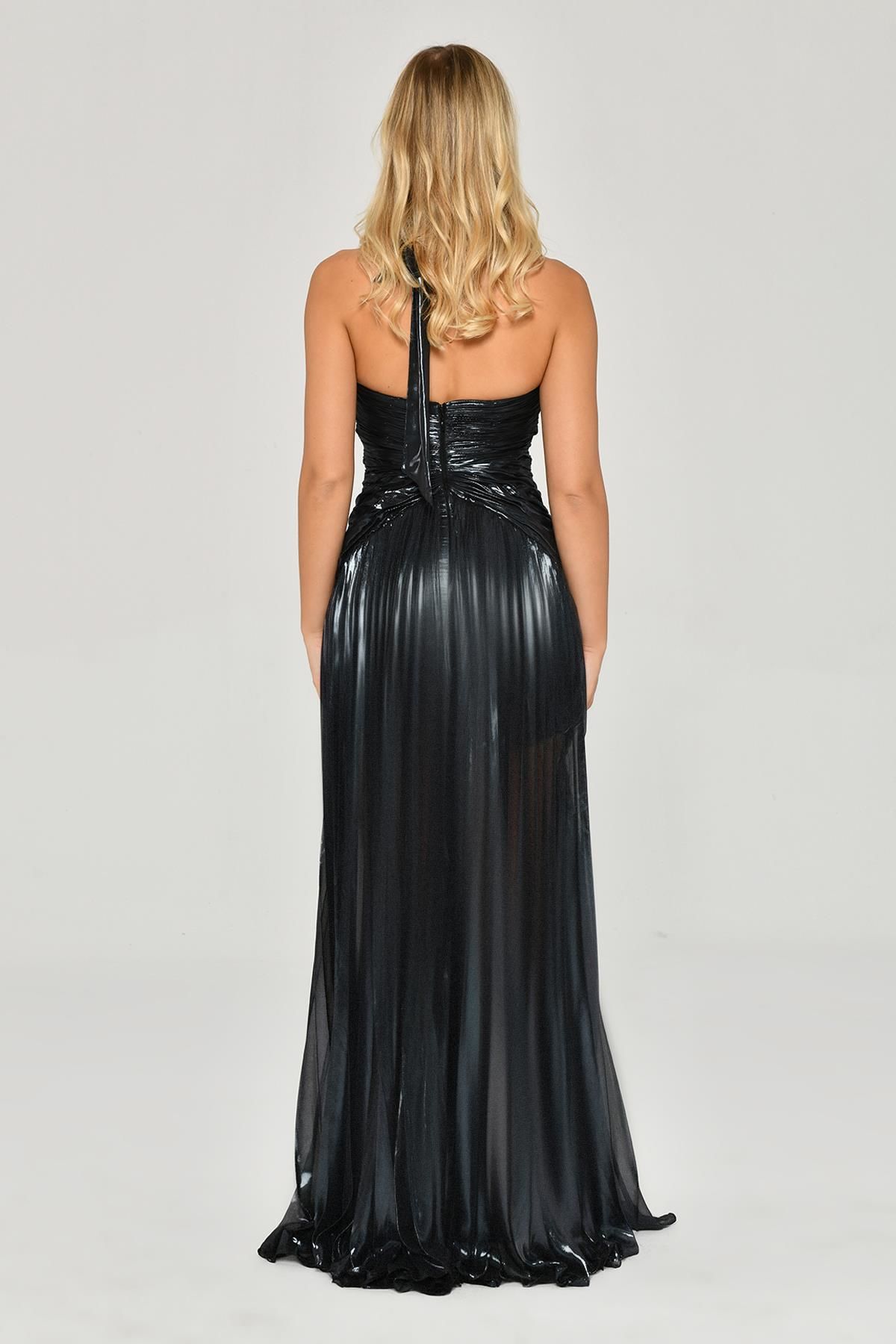 V - Neck Pleated Slit Shiny Chiffon Long Dress - Aurora Fashion