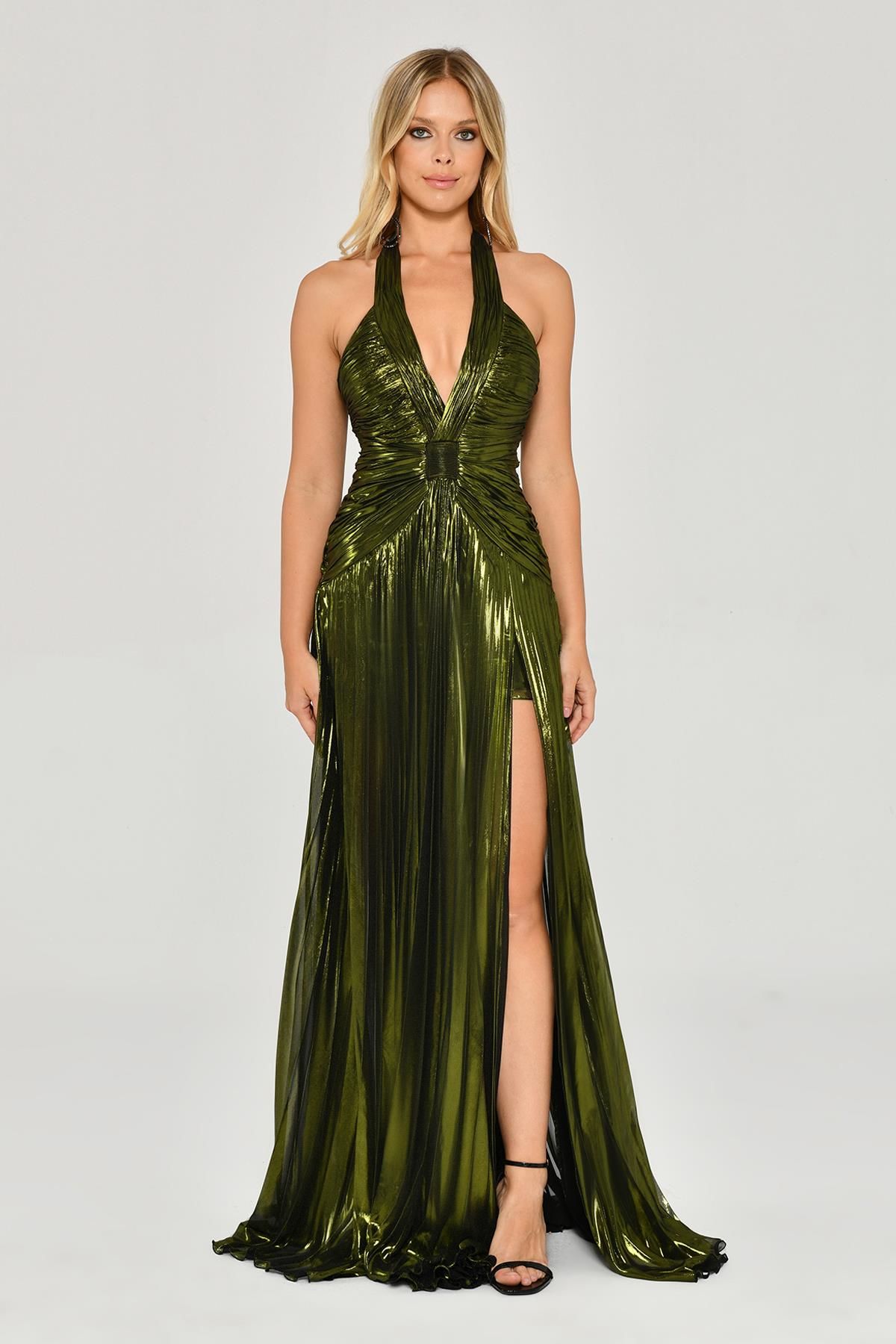 V - Neck Pleated Slit Shiny Chiffon Long Dress - Aurora Fashion
