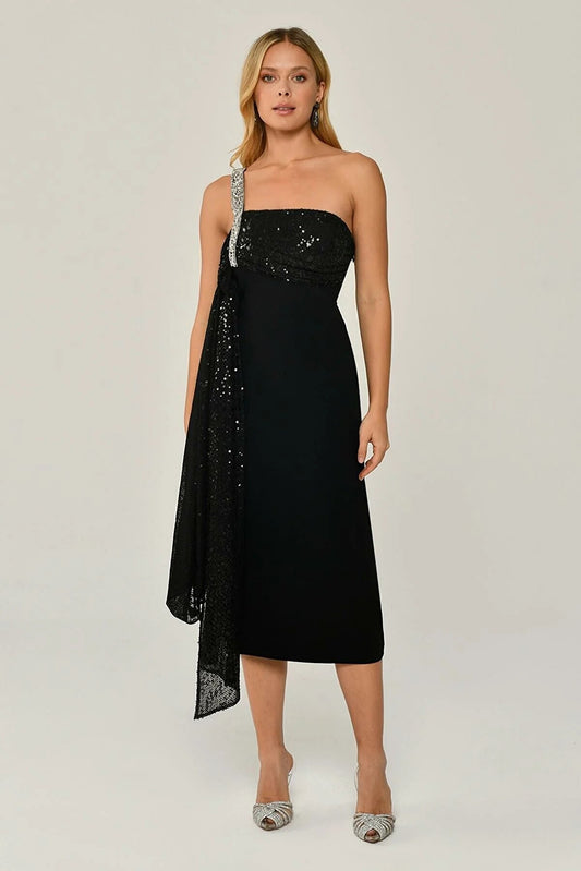 Stoned Single Strap Sequin Sequin Shawl Crepe Midi Dress