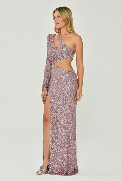 One Sleeve Front Slit Sequin Fabric Long Dress