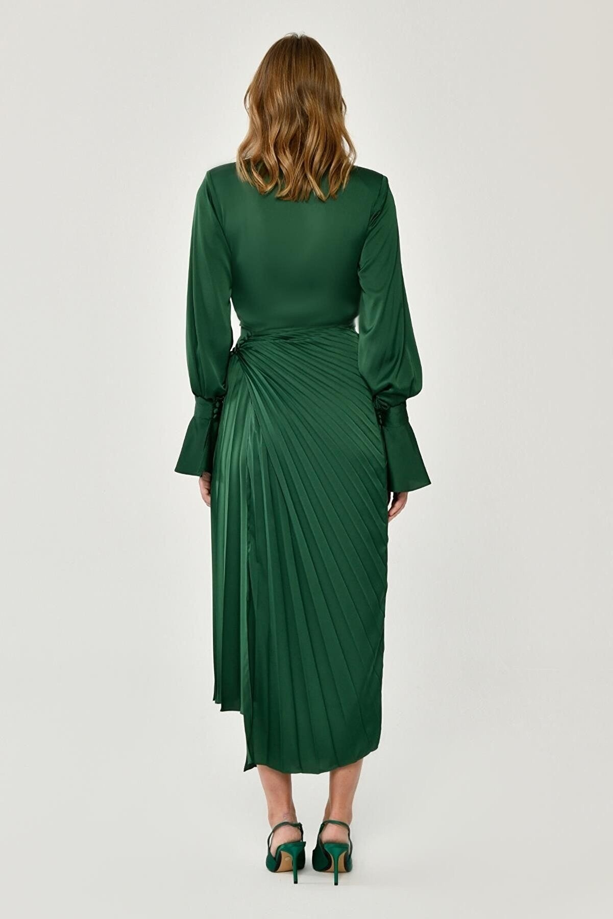 Long Sleeve V-Neck Pleated Satin Midi Dress