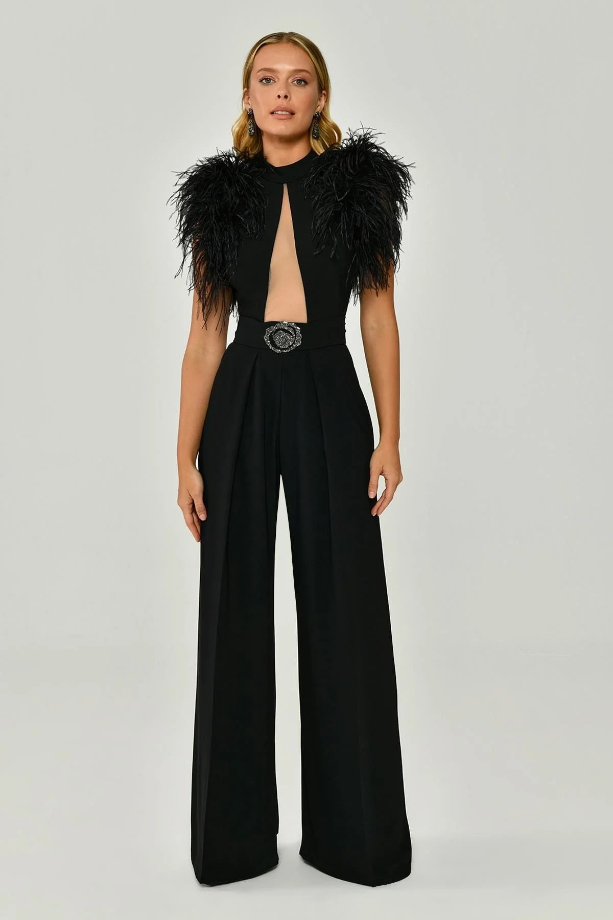 Feather Shoulder Decollete Wide Leg Long Jumpsuit