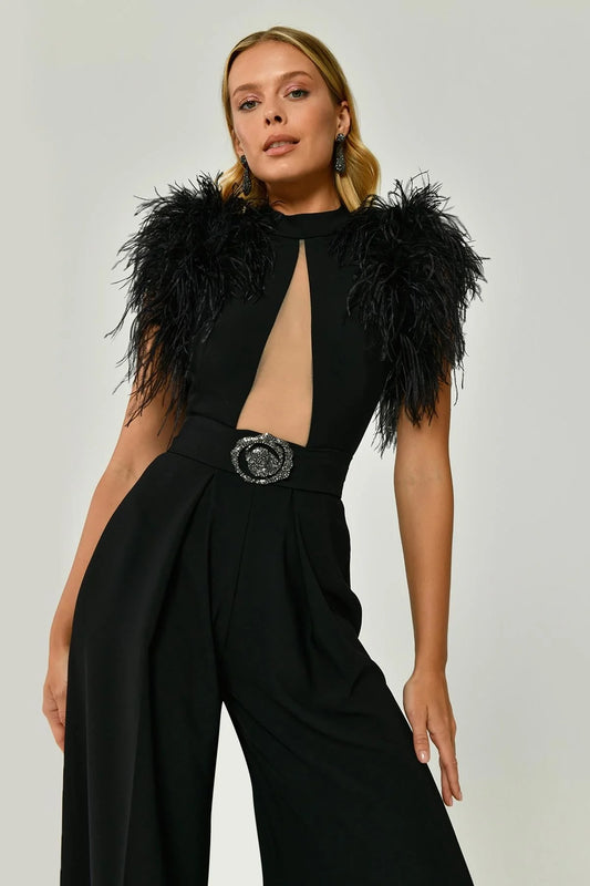 Feather Shoulder Decollete Wide Leg Long Jumpsuit