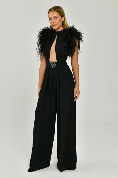 Feather Shoulder Decollete Wide Leg Long Jumpsuit