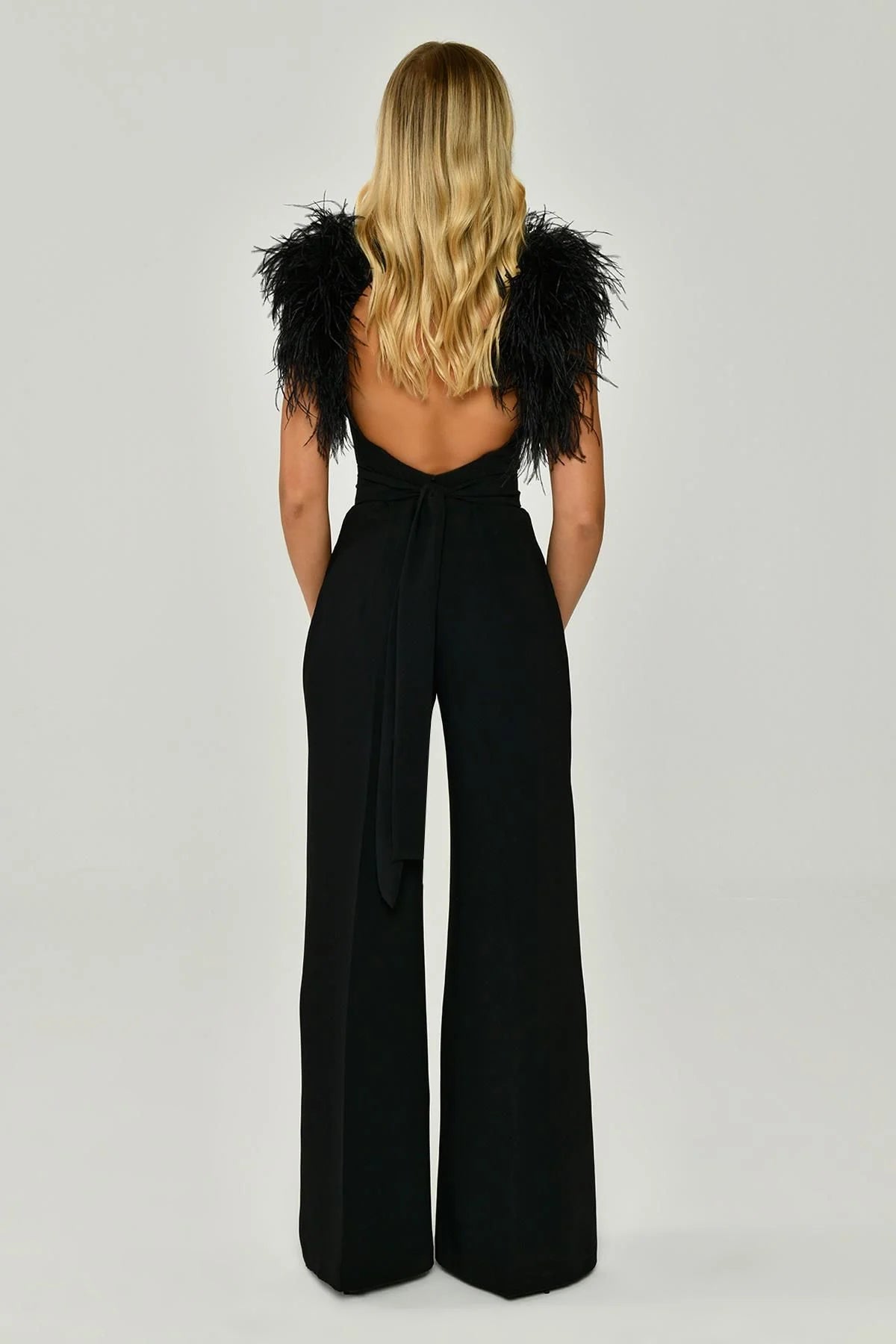 Feather Shoulder Decollete Wide Leg Long Jumpsuit