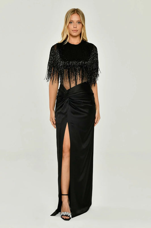 Fringed Beaded Accessory Corset Waist Satin Long Dress