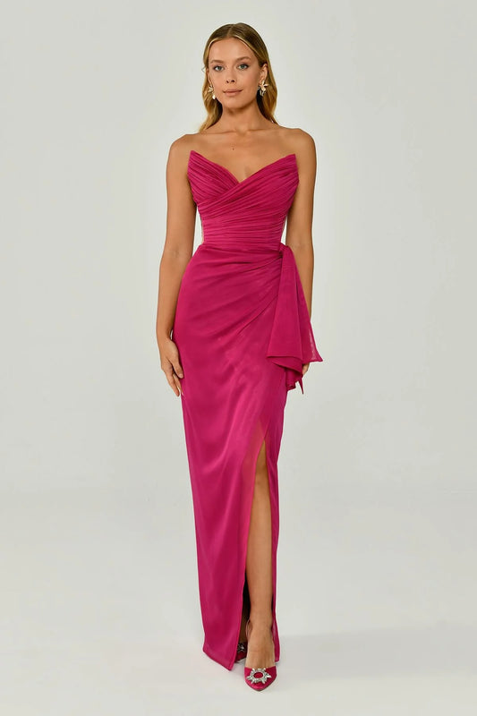 Plunging Neck, Stone Bra, Side Slit Satin Long Dress