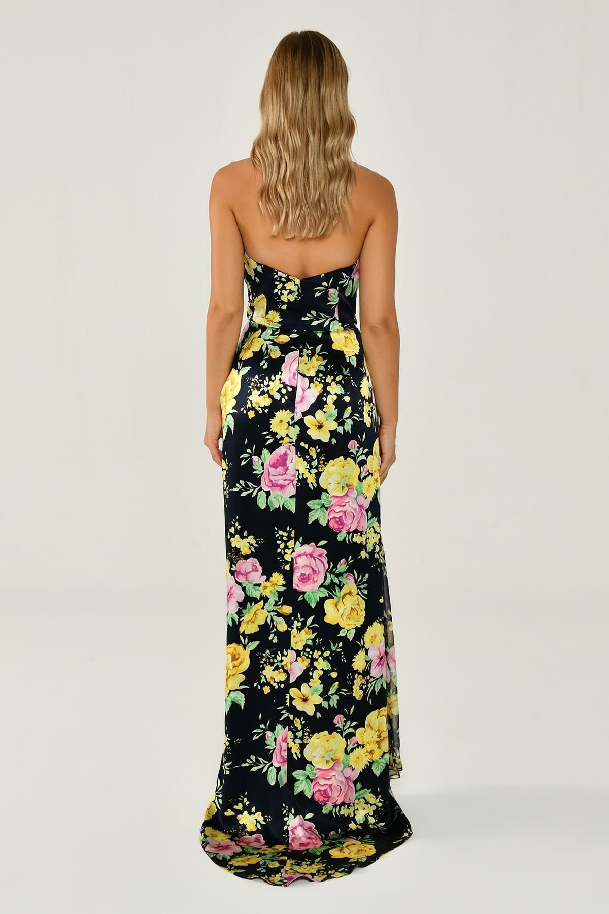 Boat Neck Slit Floral Patterned Satin Long Dress - Aurora Fashion