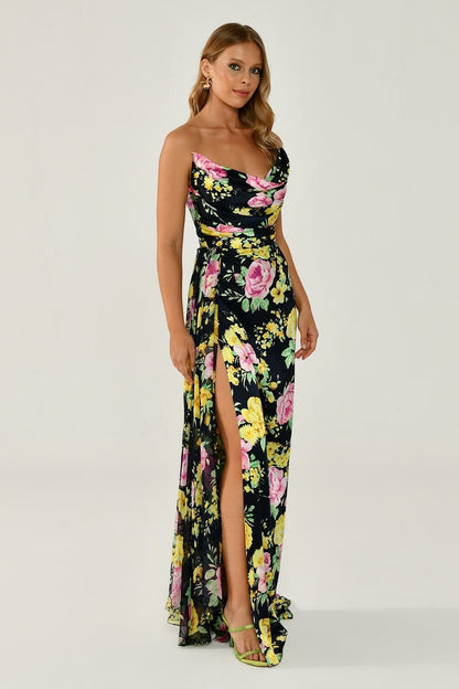 Boat Neck Slit Floral Patterned Satin Long Dress - Aurora Fashion