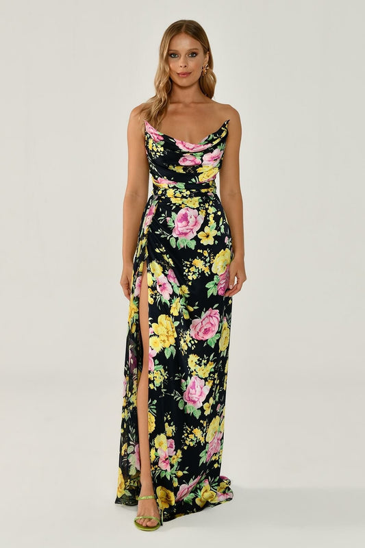 Boat Neck Slit Floral Patterned Satin Long Dress - Aurora Fashion