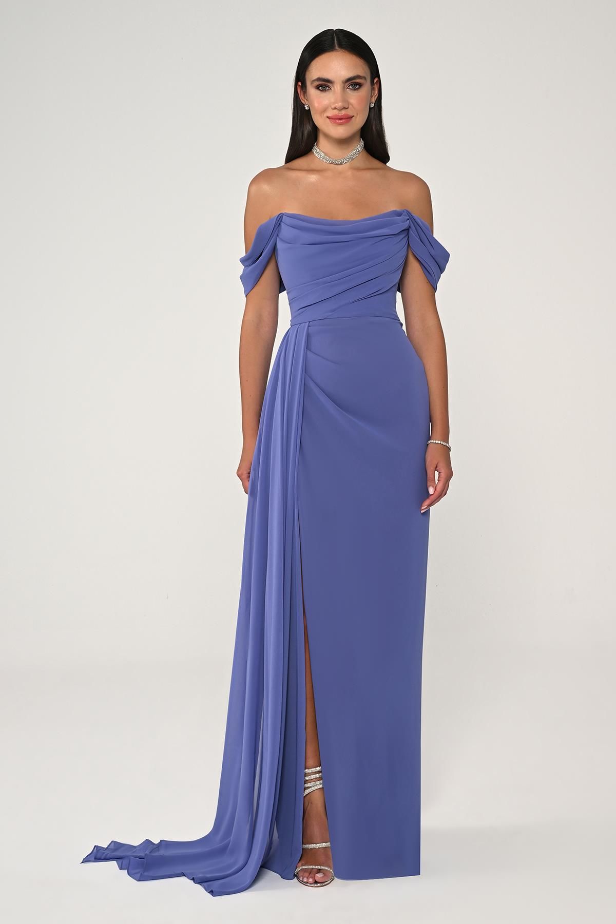 Off Shoulder Side Slit Chiffon Long Dress