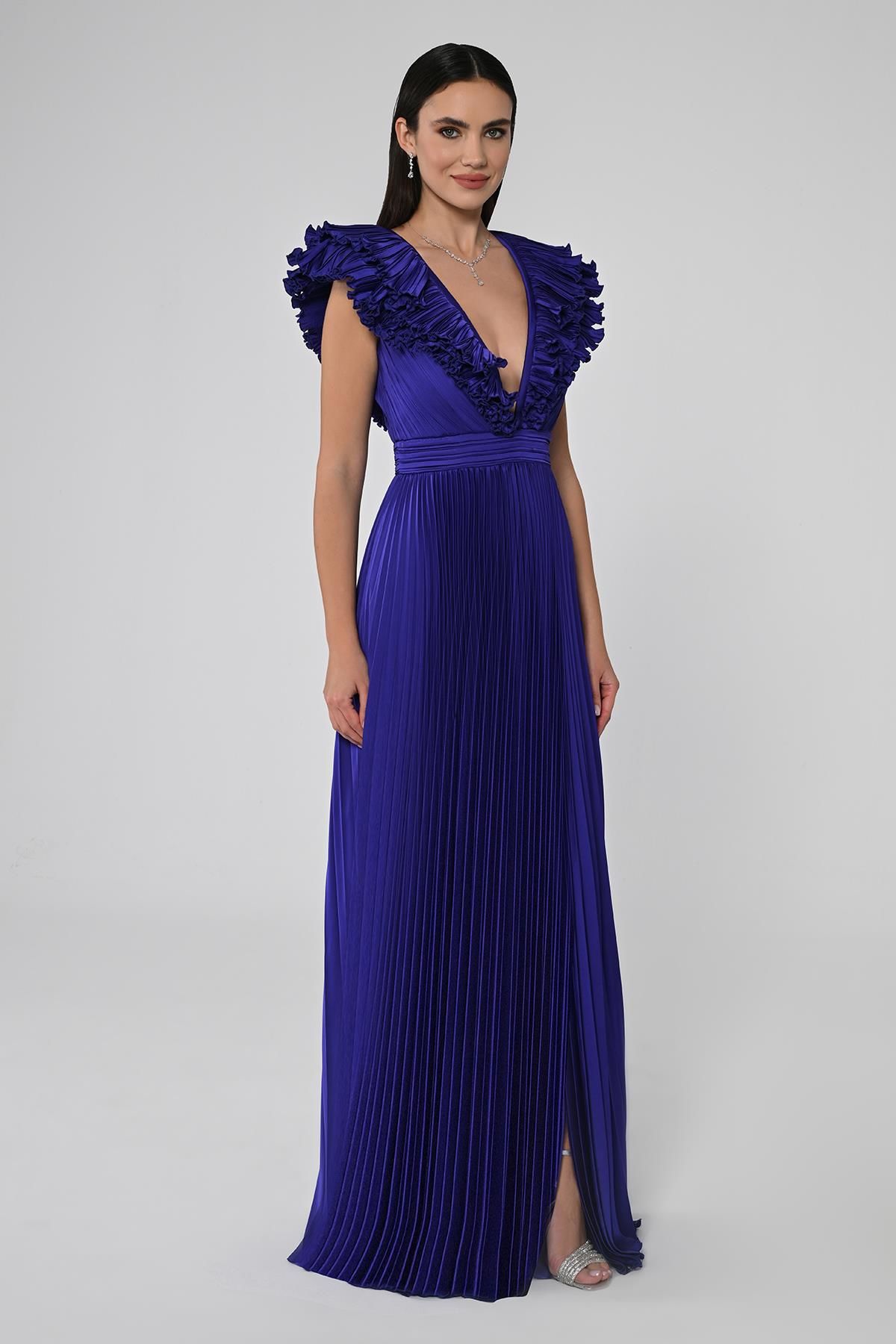 Deep V Neck Pleated Satin Long Dress - Aurora Fashion