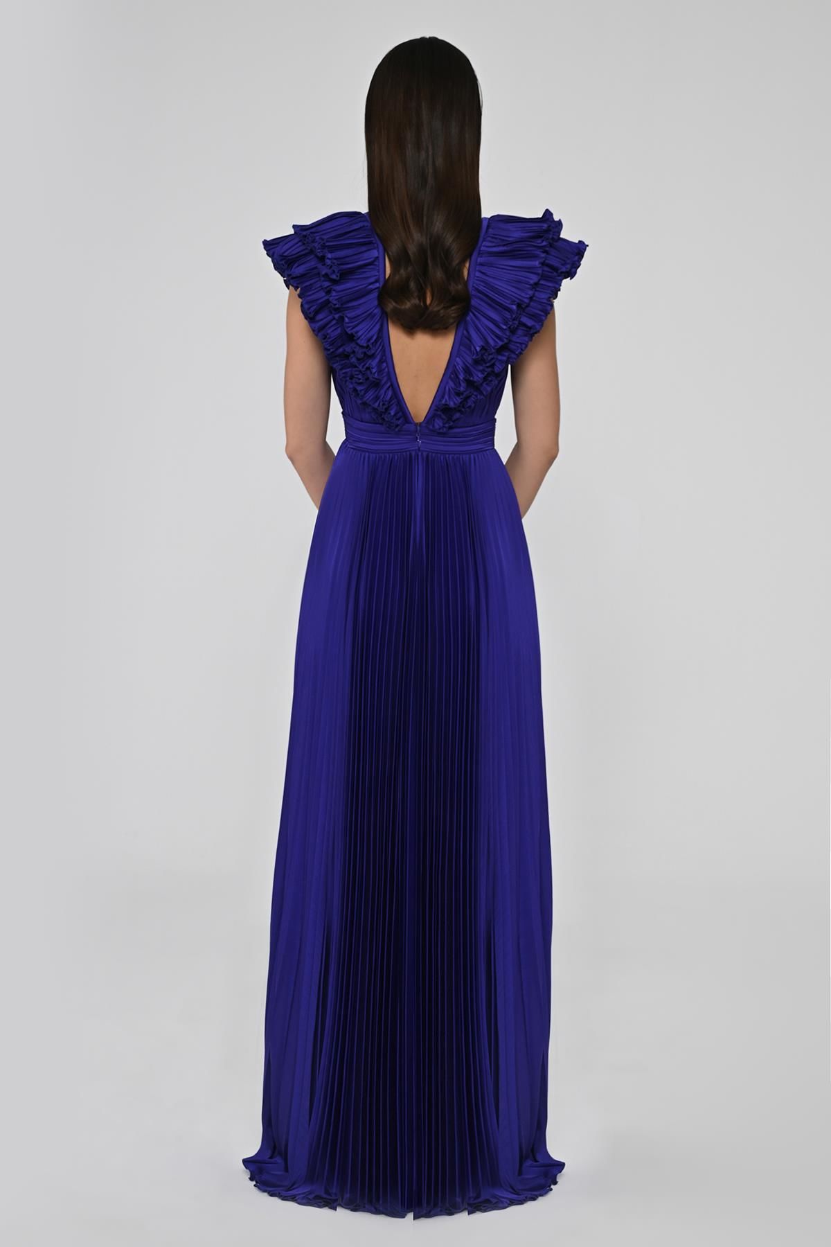 Deep V Neck Pleated Satin Long Dress - Aurora Fashion