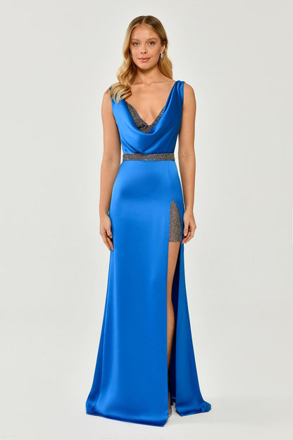 Plunging Neck, Stone Bra, Side Slit Satin Long Dress