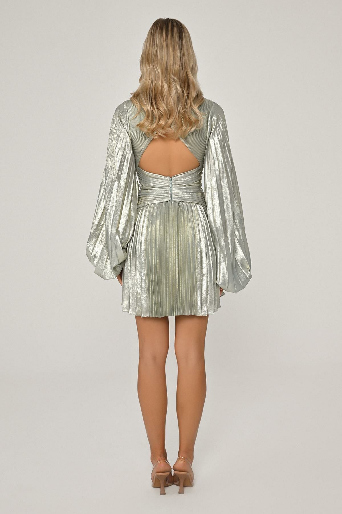 Radiant Metallic Pleated Balloon Sleeve Dress