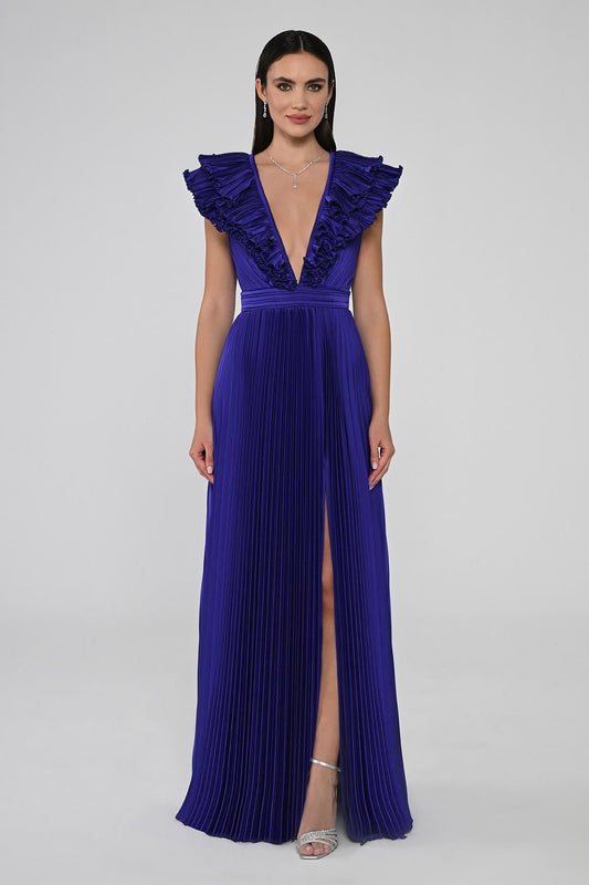 Deep V Neck Pleated Satin Long Dress