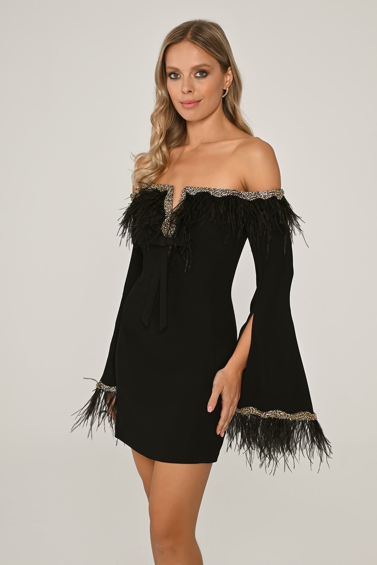 Low Sleeve Embroidered Feather Crepe Short Dress